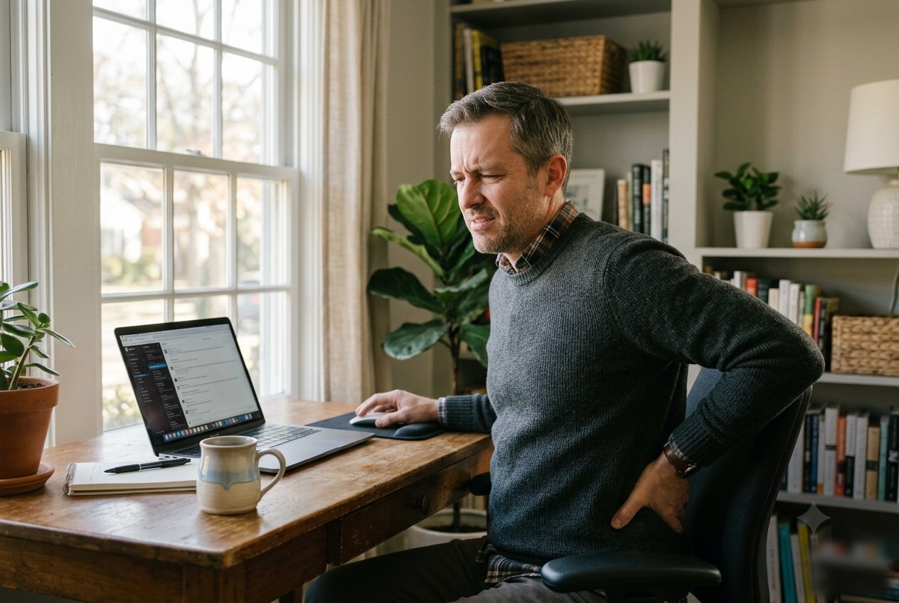 Man wincing with hand on his lower back at his desk